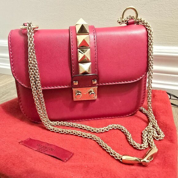 VALENTINO - Fuchsia Leather Small Rockstud Glam Lock Flap Bag Pink - Picture 1 of 8